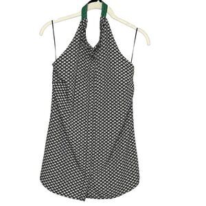 Sachin + Babi Halter Top Womens Medium Black White Lock Print Green Suede Trim
